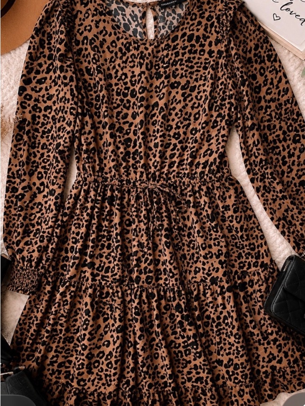 Women's Leopard Print Long Sleeve Tiered Dress - Brown